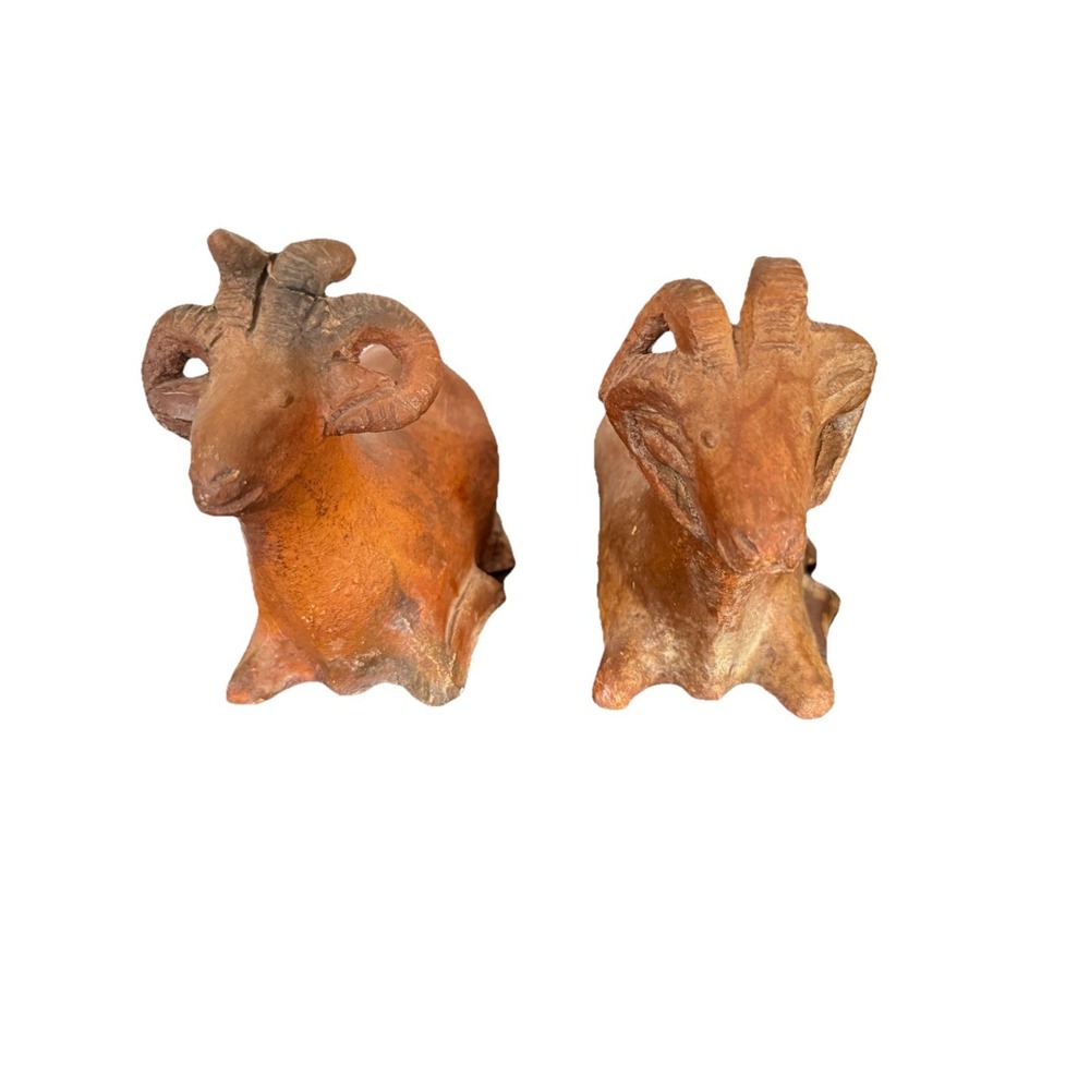 VTG Lot Of 2 Terracotta Ram Statues -Circa Signed 1 Has Flaw"